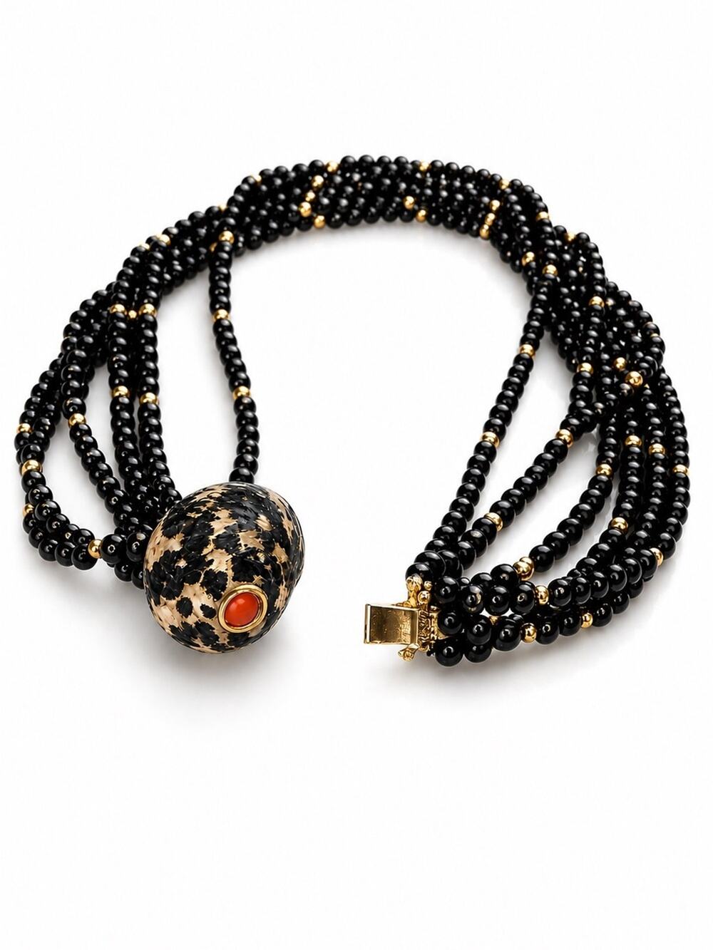 Vintage Multi Strand Black Bead Statement Necklace Gold Accent Clasp